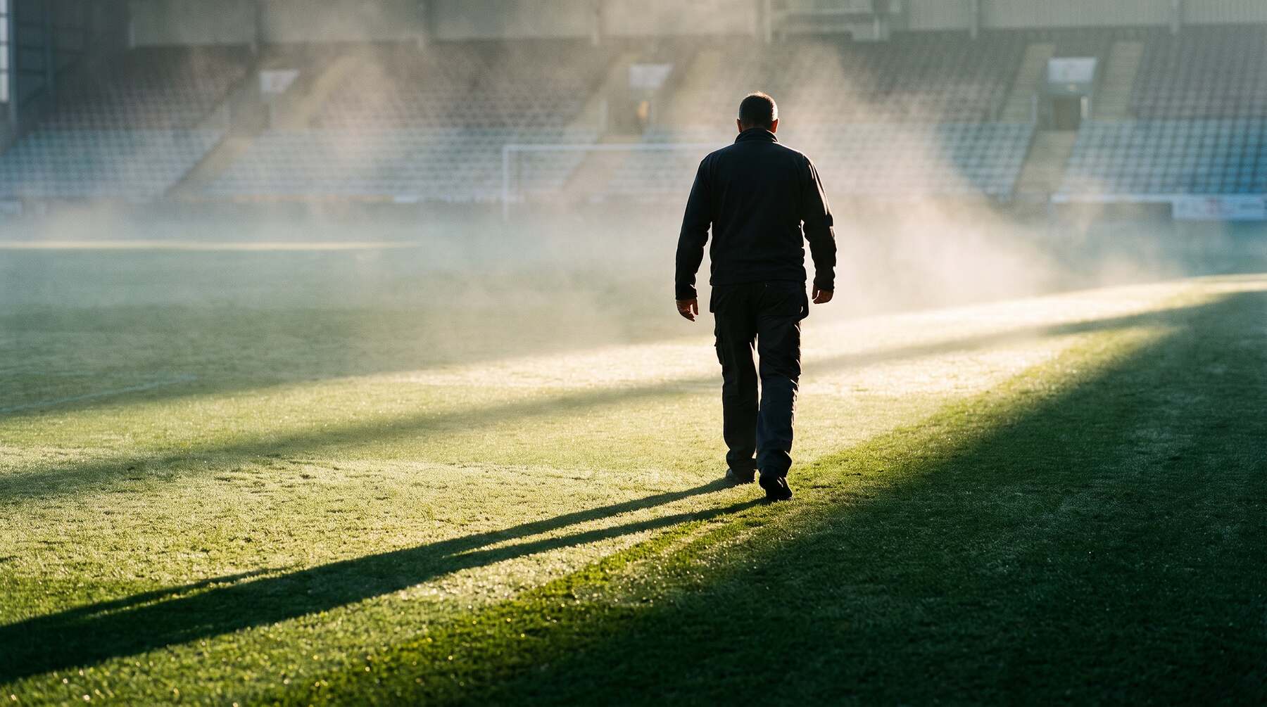 A groundskeeper walks alone across the pitch of an empty stadium in the early morning