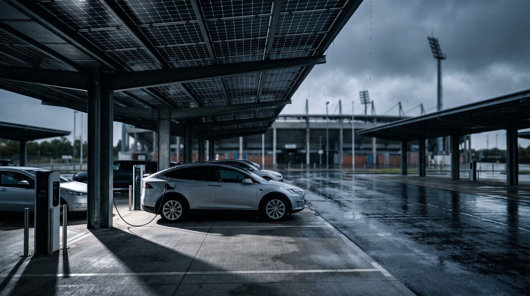 Solar carport over the stadium car park, cars charging beneath it, the stadium behind