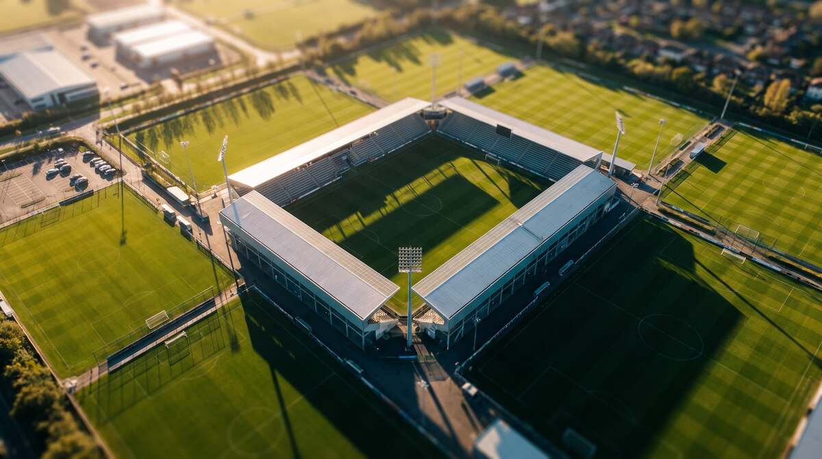 Aerial view of a stadium with training pitches in evening light