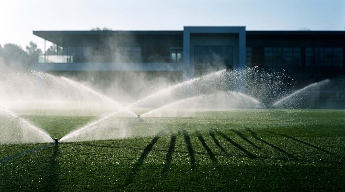 Sprinklers on a training pitch in the early morning, the training centre behind
